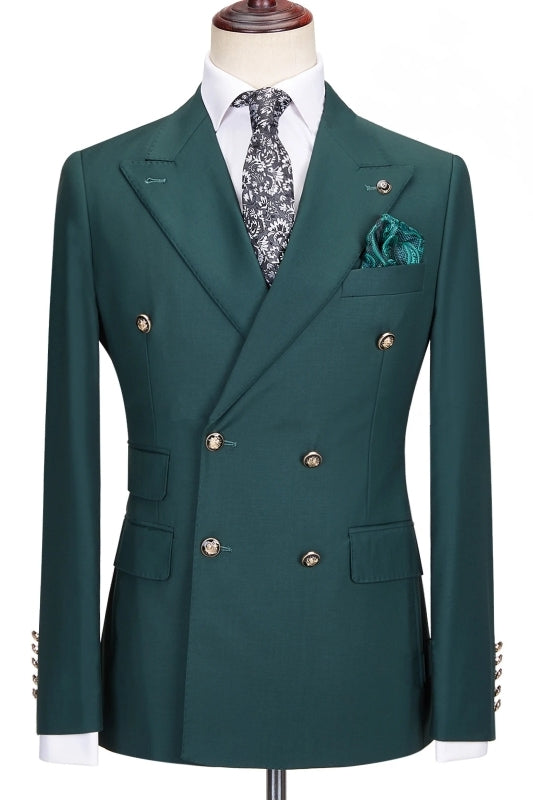 Elegant Dark Peaked Lapel Double Breasted Green Prom Suits
