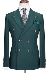 Elegant Dark Peaked Lapel Double Breasted Green Prom Suits
