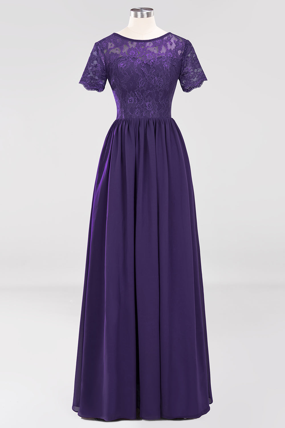 Elegant Dark Navy Long Lace Bridesmaid Dresses with Short-Sleeves-27dress