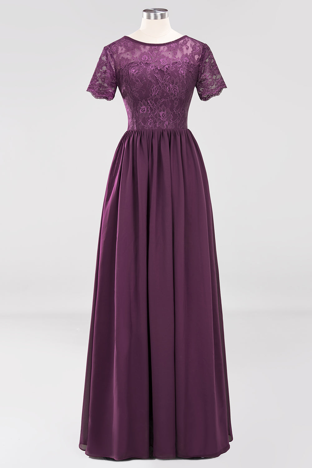 Elegant Dark Navy Long Lace Bridesmaid Dresses with Short-Sleeves-27dress