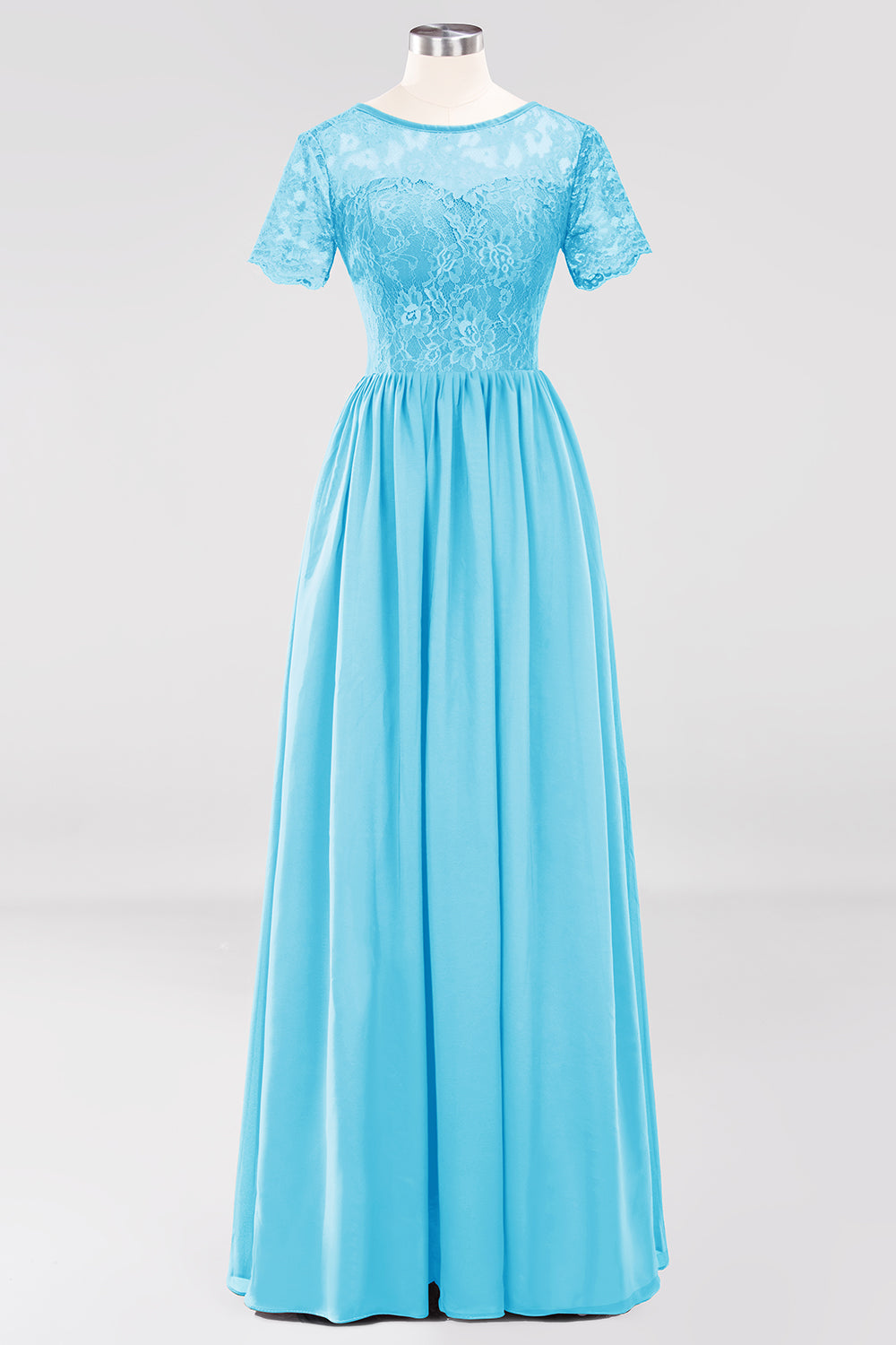Elegant Dark Navy Long Lace Bridesmaid Dresses with Short-Sleeves-27dress