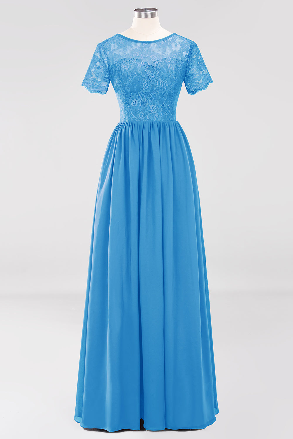 Elegant Dark Navy Long Lace Bridesmaid Dresses with Short-Sleeves-27dress