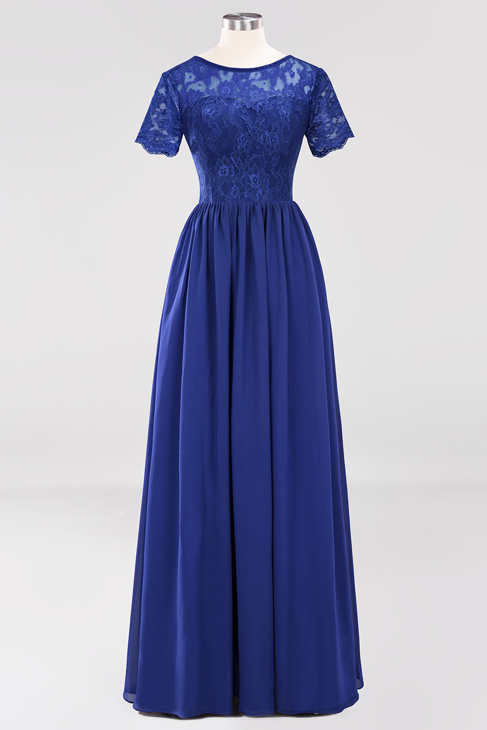 Elegant Dark Navy Long Lace Bridesmaid Dresses with Short-Sleeves-27dress