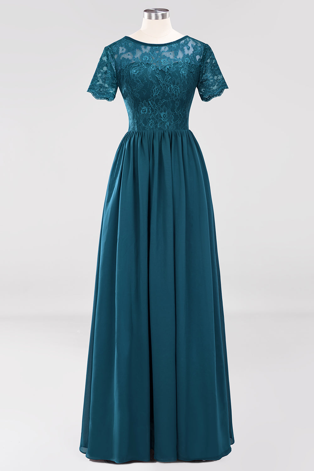 Elegant Dark Navy Long Lace Bridesmaid Dresses with Short-Sleeves-27dress