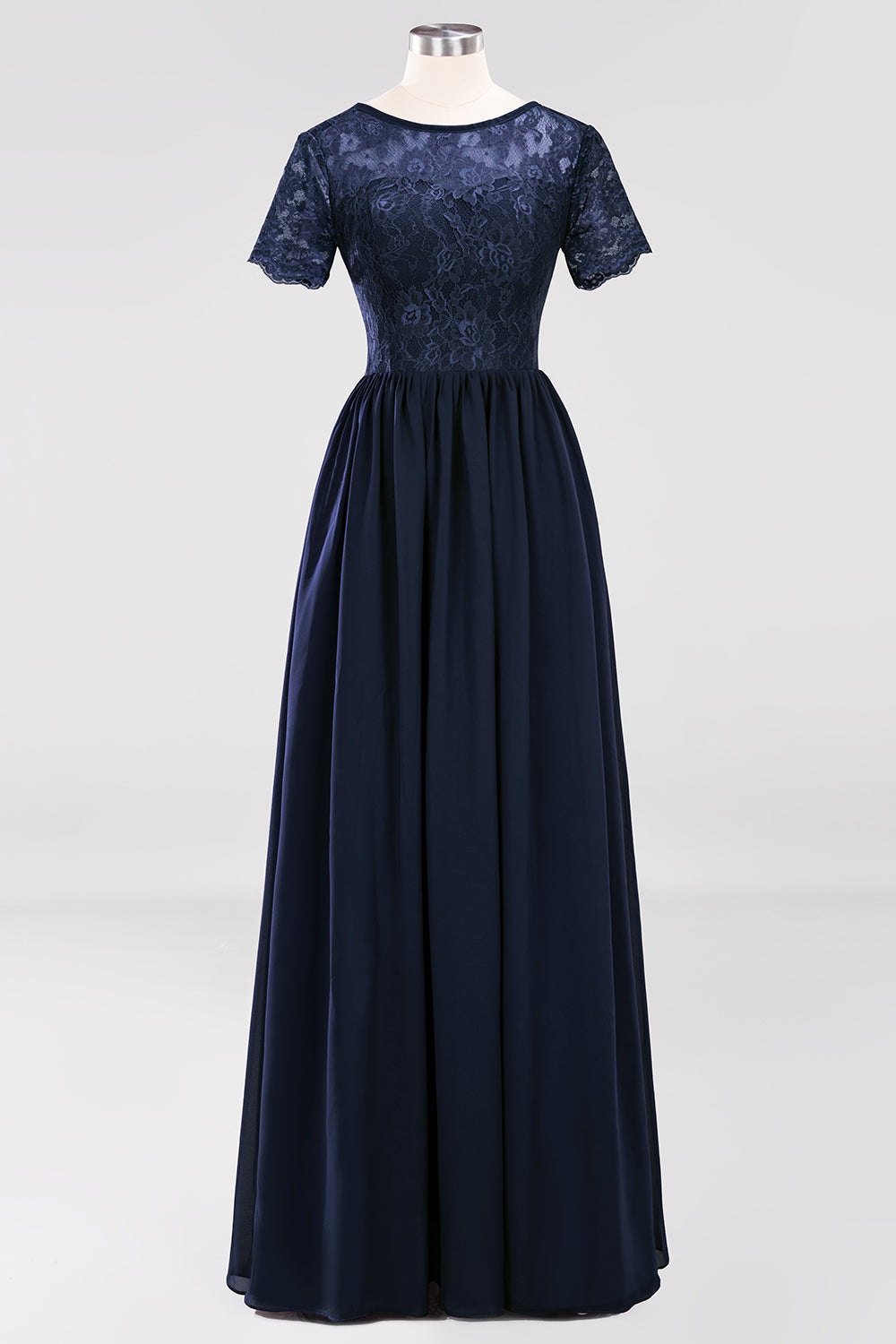 Elegant Dark Navy Long Lace Bridesmaid Dresses with Short-Sleeves-27dress