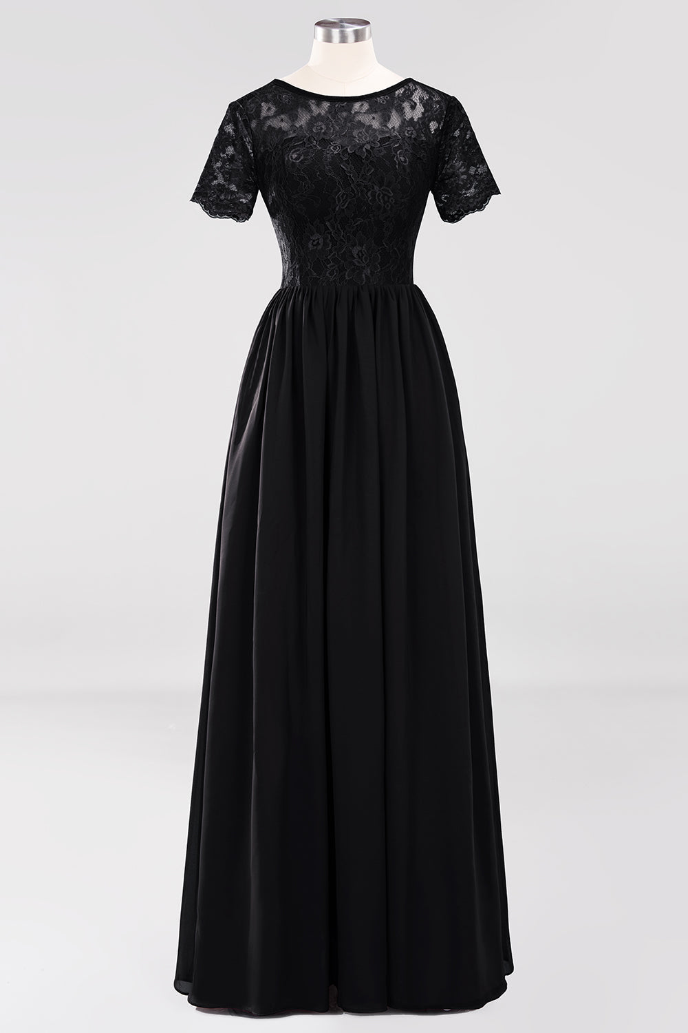Elegant Dark Navy Long Lace Bridesmaid Dresses with Short-Sleeves-27dress