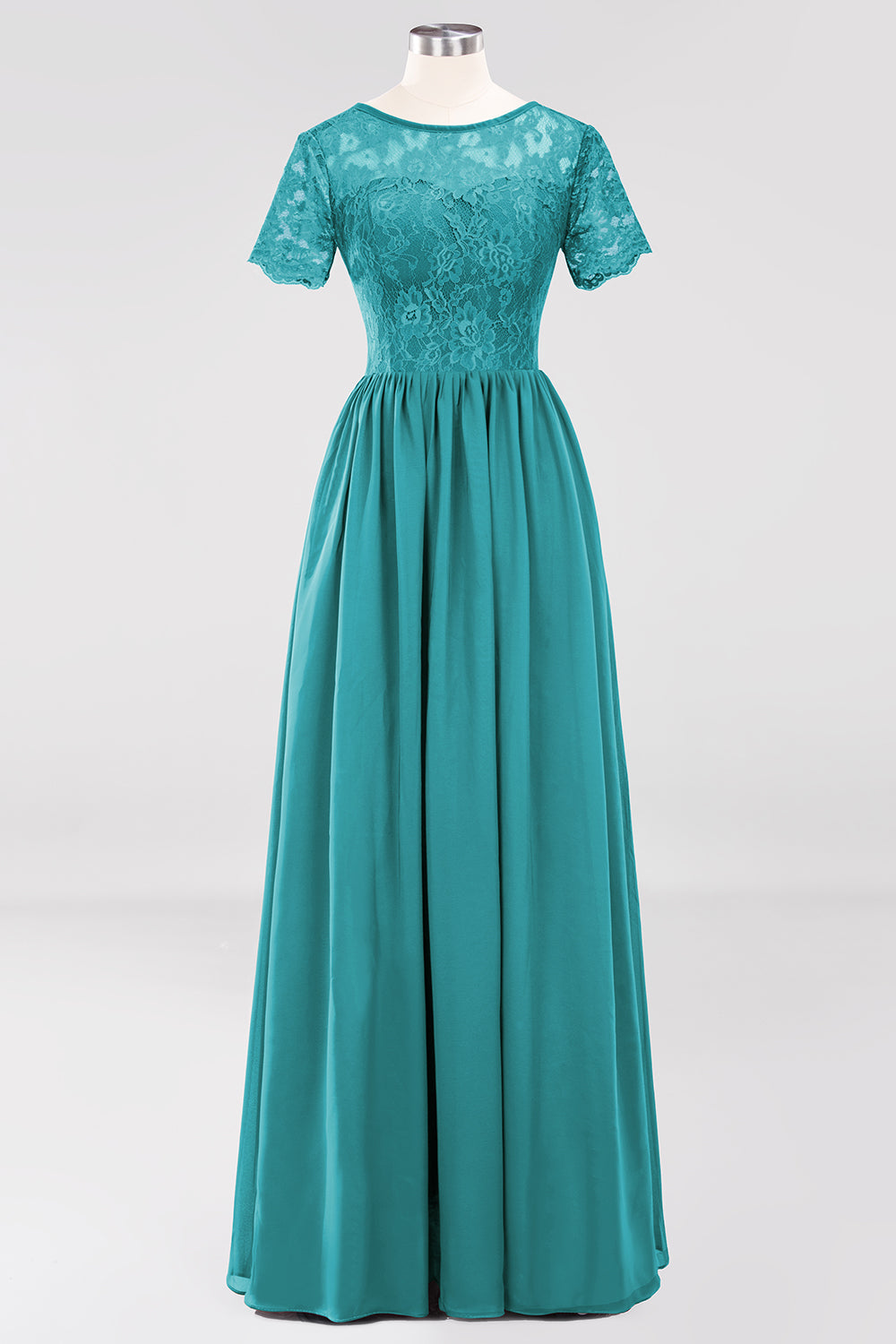 Elegant Dark Navy Long Lace Bridesmaid Dresses with Short-Sleeves-27dress