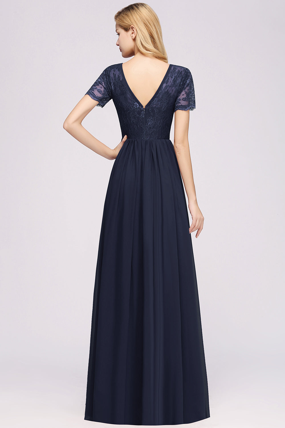 Elegant Dark Navy Long Lace Bridesmaid Dresses with Short-Sleeves-27dress
