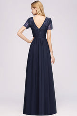 Elegant Dark Navy Long Lace Bridesmaid Dresses with Short-Sleeves-27dress