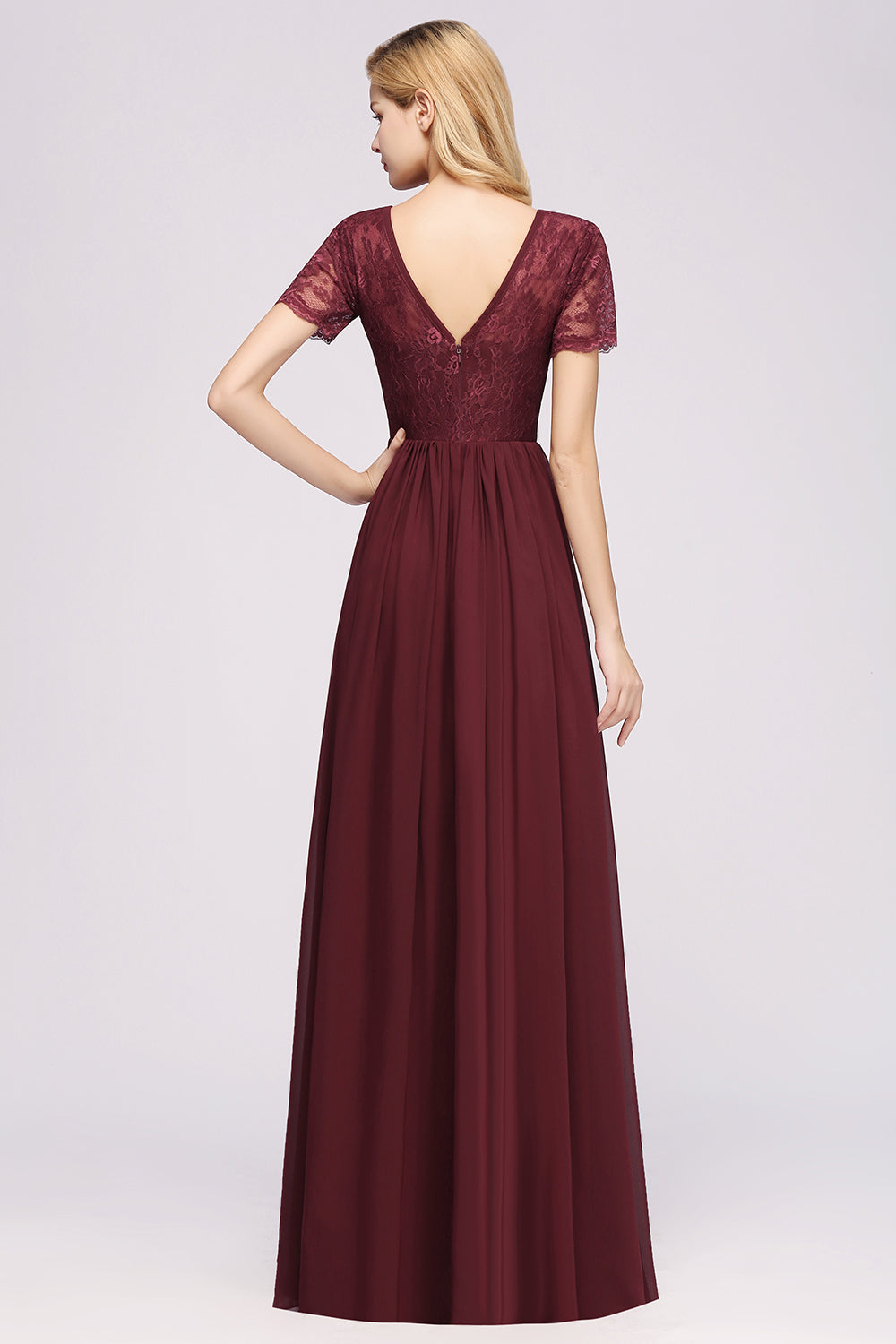 Elegant Dark Navy Long Lace Bridesmaid Dresses with Short-Sleeves-27dress