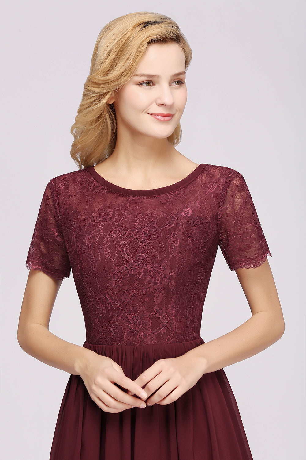 Elegant Dark Navy Long Lace Bridesmaid Dresses with Short-Sleeves-27dress