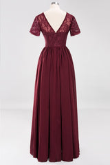 Elegant Dark Navy Long Lace Bridesmaid Dresses with Short-Sleeves-27dress