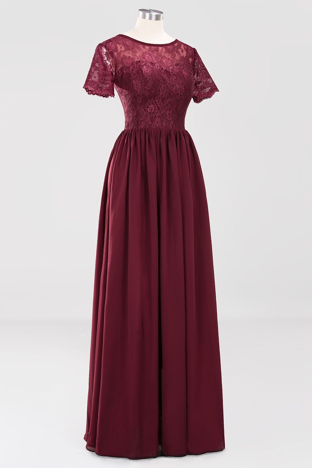 Elegant Dark Navy Long Lace Bridesmaid Dresses with Short-Sleeves-27dress