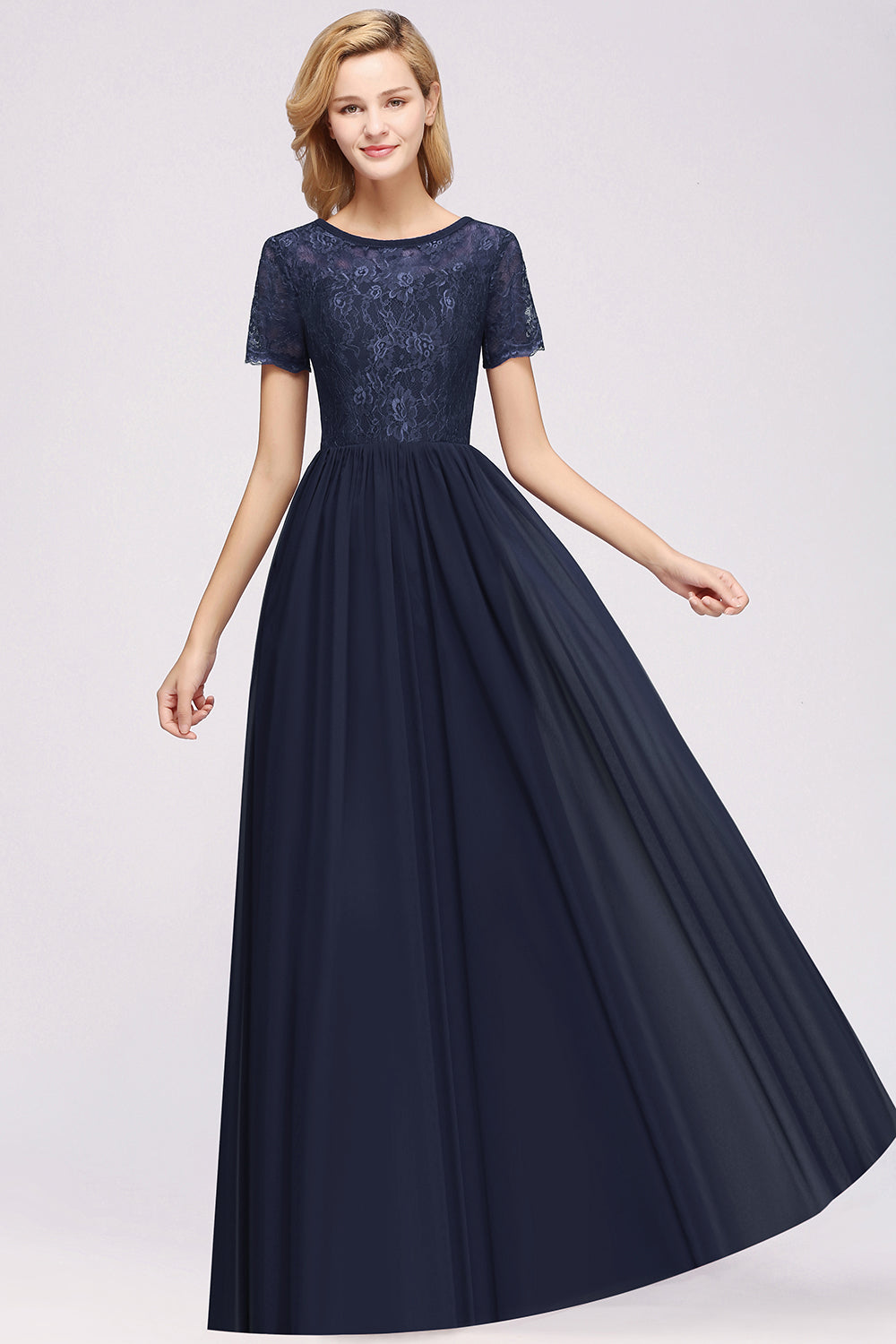 Elegant Dark Navy Long Lace Bridesmaid Dresses with Short-Sleeves-27dress