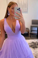 Elegant Deep V Neck Tulle layers Prom Dress With Sleeveless Online Lilac