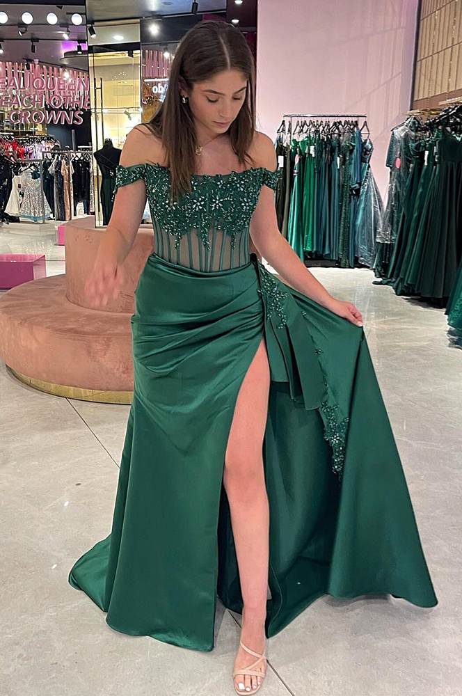 Chic Emerald Green Off the-Shoulder Satin Dress with slit – 27dress