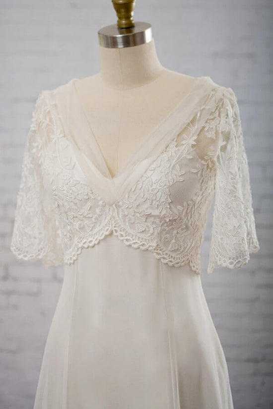 Elegant Empire V-neck Tulle Wedding Dress A-line Appliques Short Sleeves Bridal Gowns On Sale-27dress