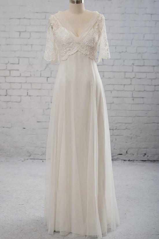 Elegant Empire V-neck Tulle Wedding Dress A-line Appliques Short Sleeves Bridal Gowns On Sale-27dress