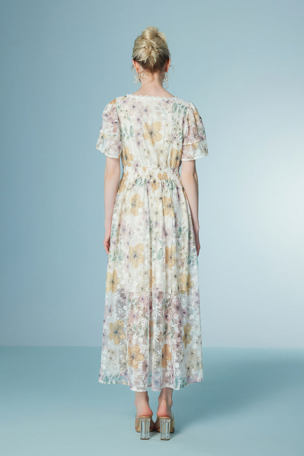 27Dress Elegant Floral Short Sleeves A-line Long Dresses