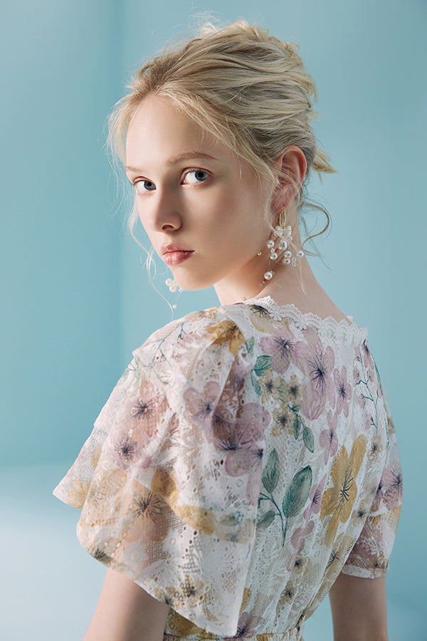 27Dress Elegant Floral Short Sleeves A-line Long Dresses