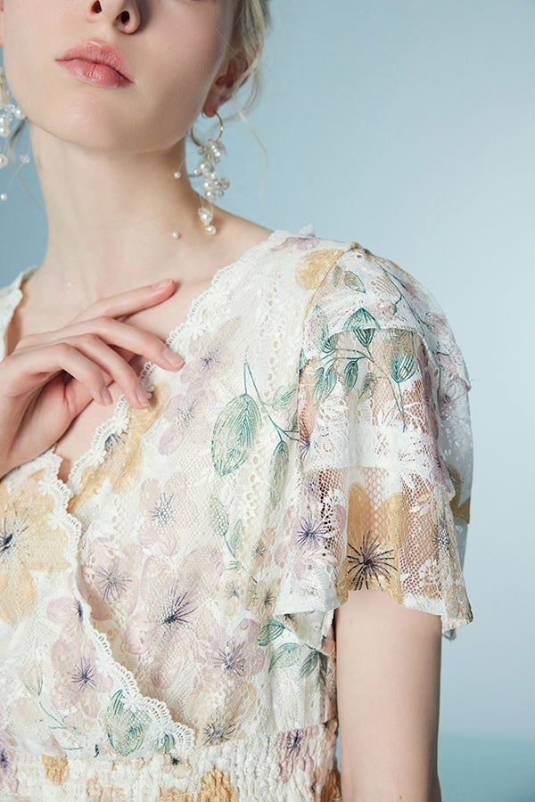 27Dress Elegant Floral Short Sleeves A-line Long Dresses