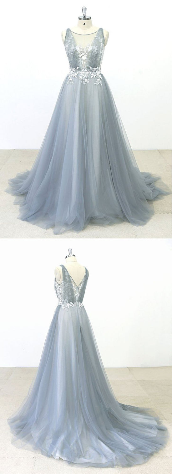 Elegant Gray Tulle Round Neck Beach Wedding Dress Jewel Sweep Train Bridal Gowns On Sale-27dress