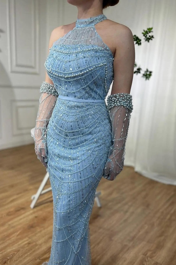 27DRESS Elegant Halter Formal Mermaid Evening Dresses with Sash