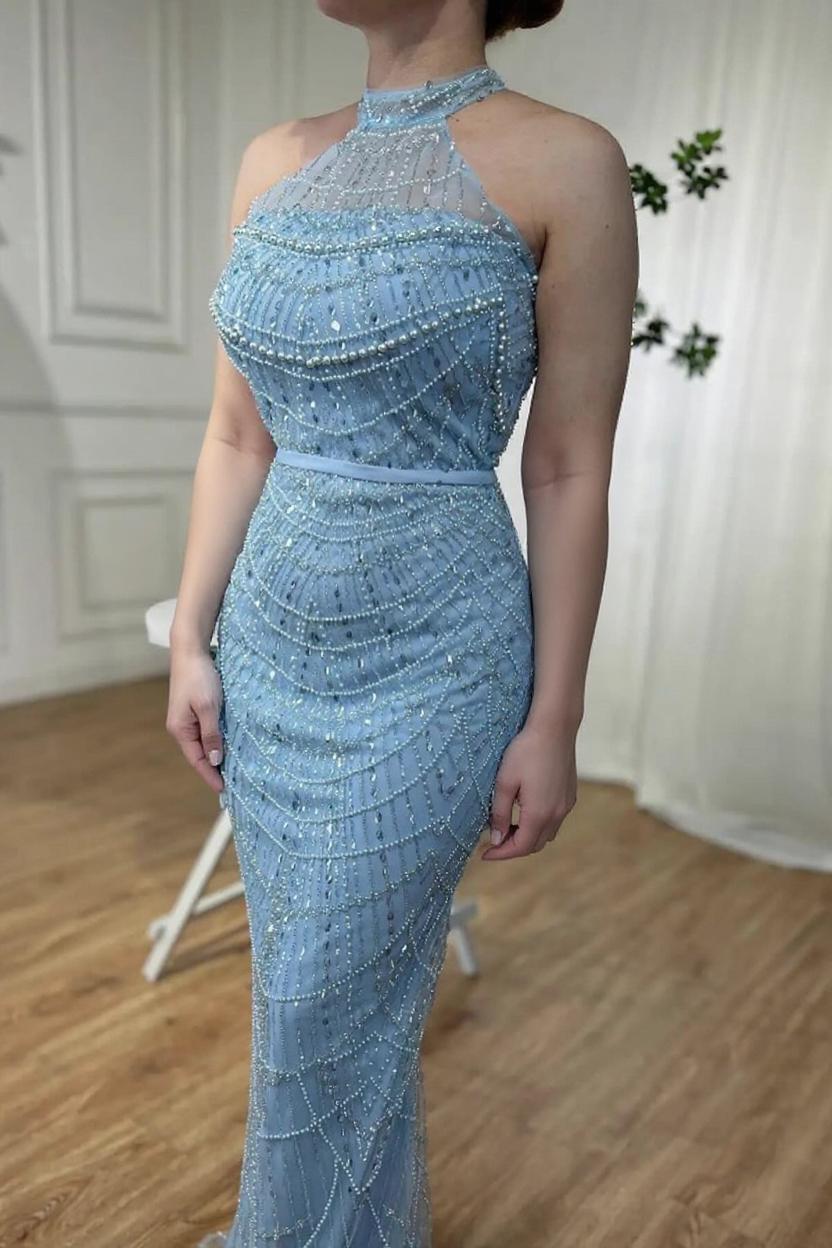 27DRESS Elegant Halter Formal Mermaid Evening Dresses with Sash