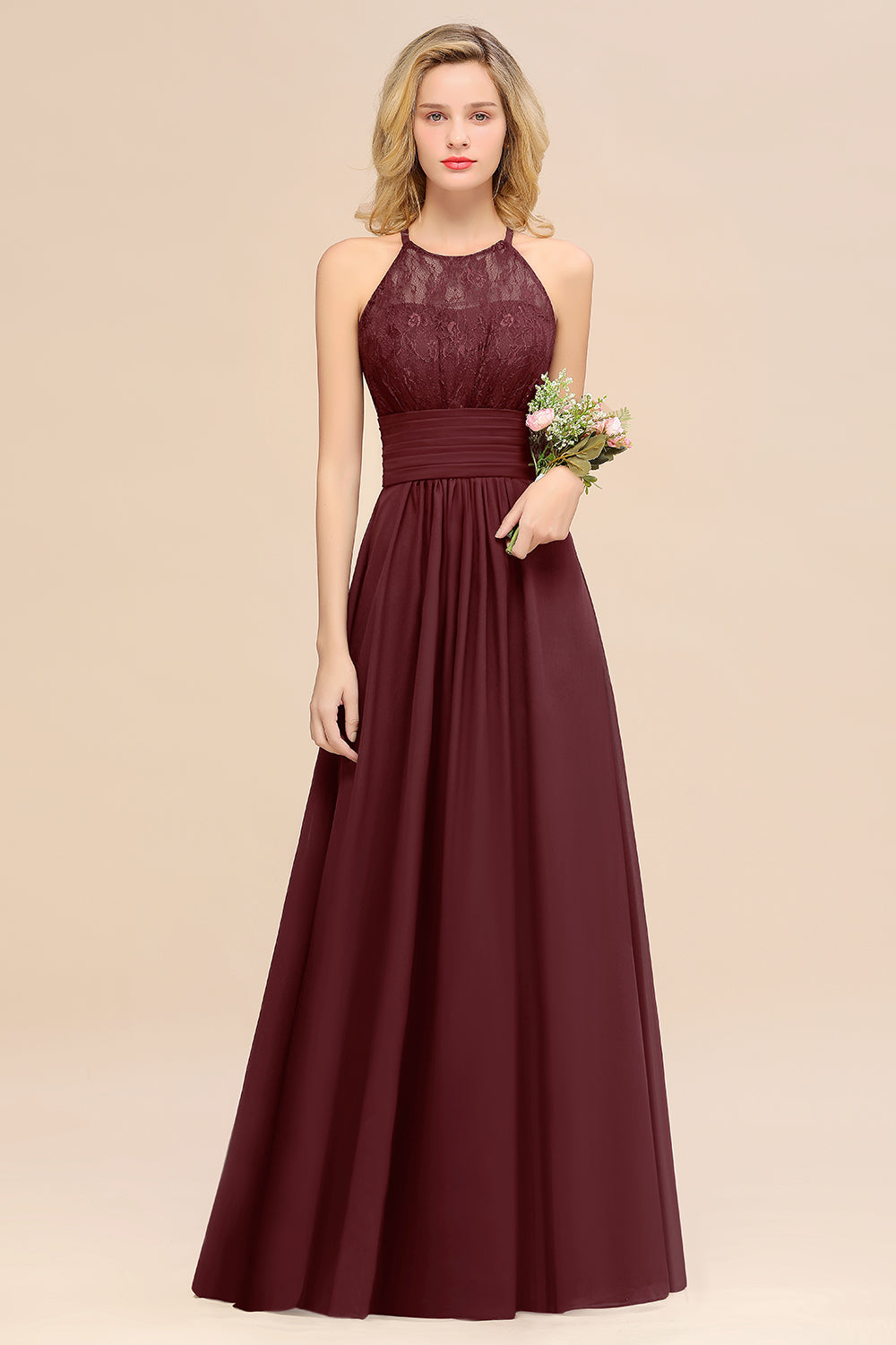 Elegant Halter Ruffles Sleeveless Grape Lace Bridesmaid Dresses Affordable-27dress