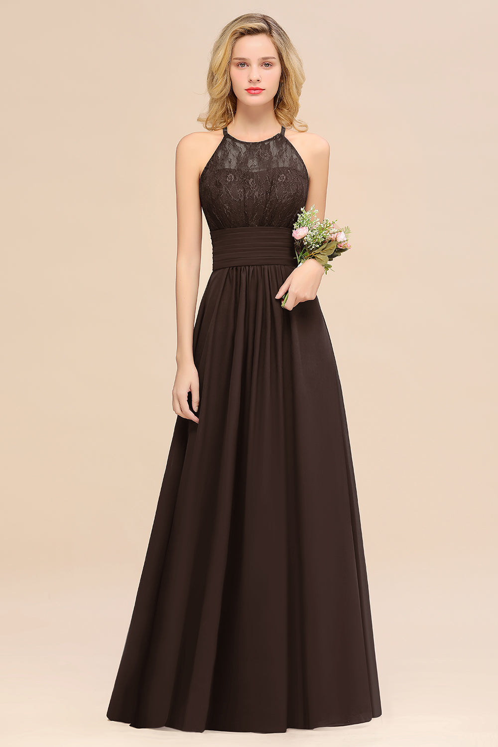 Elegant Halter Ruffles Sleeveless Grape Lace Bridesmaid Dresses Affordable-27dress