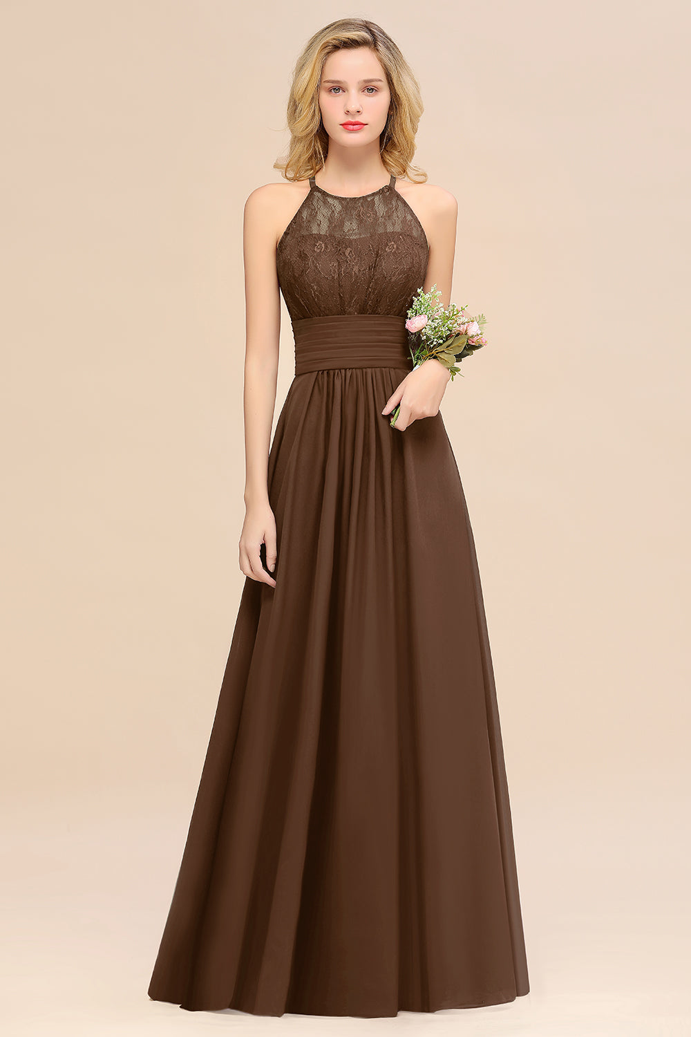 Elegant Halter Ruffles Sleeveless Grape Lace Bridesmaid Dresses Affordable-27dress