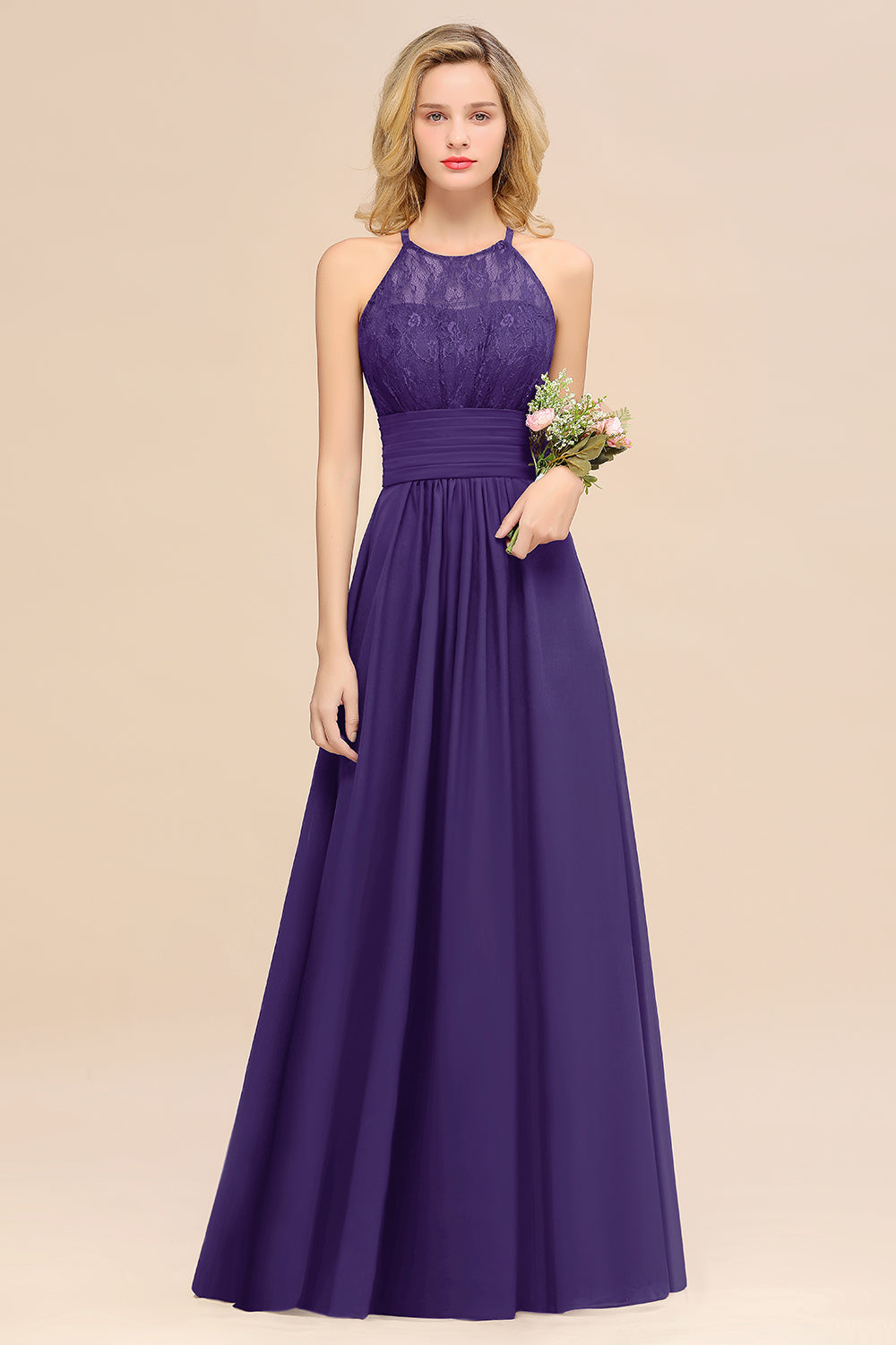 Elegant Halter Ruffles Sleeveless Grape Lace Bridesmaid Dresses Affordable-27dress