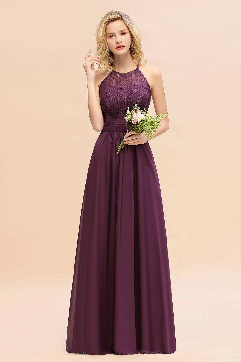 Elegant Halter Ruffles Sleeveless Grape Lace Bridesmaid Dresses Affordable-27dress