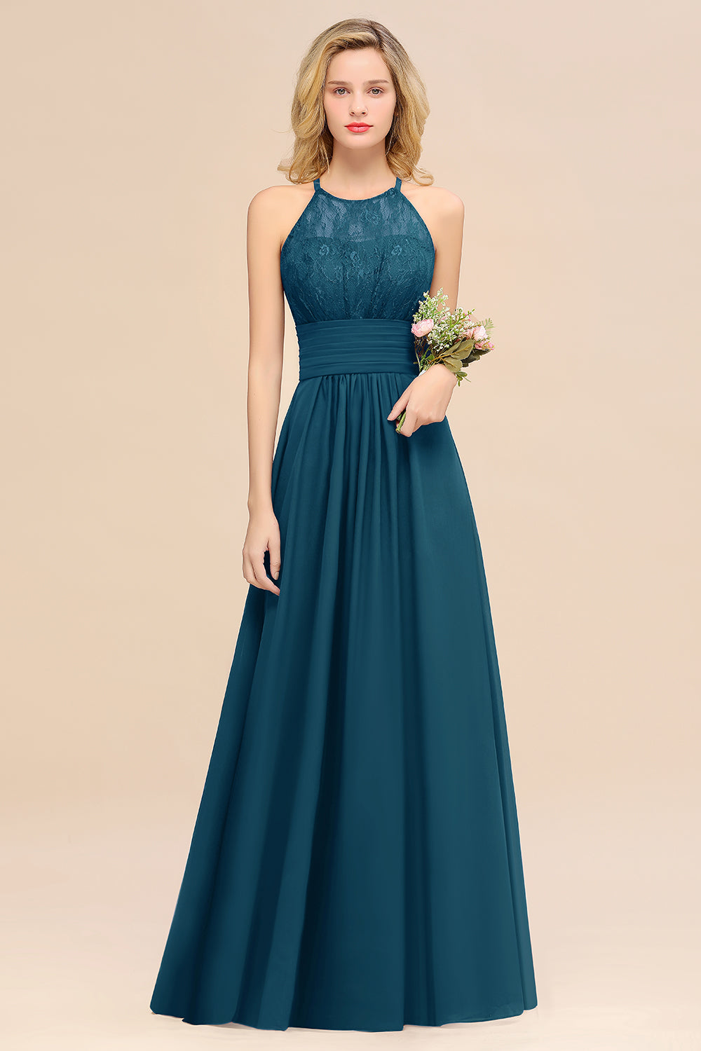 Elegant Halter Ruffles Sleeveless Grape Lace Bridesmaid Dresses Affordable-27dress
