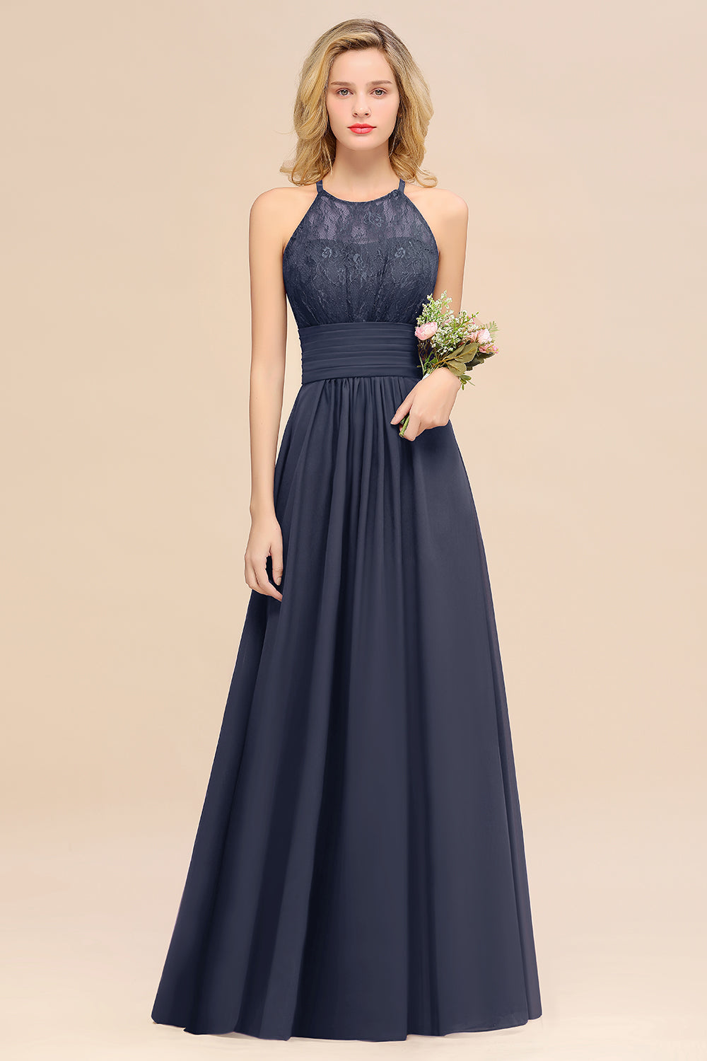 Elegant Halter Ruffles Sleeveless Grape Lace Bridesmaid Dresses Affordable-27dress