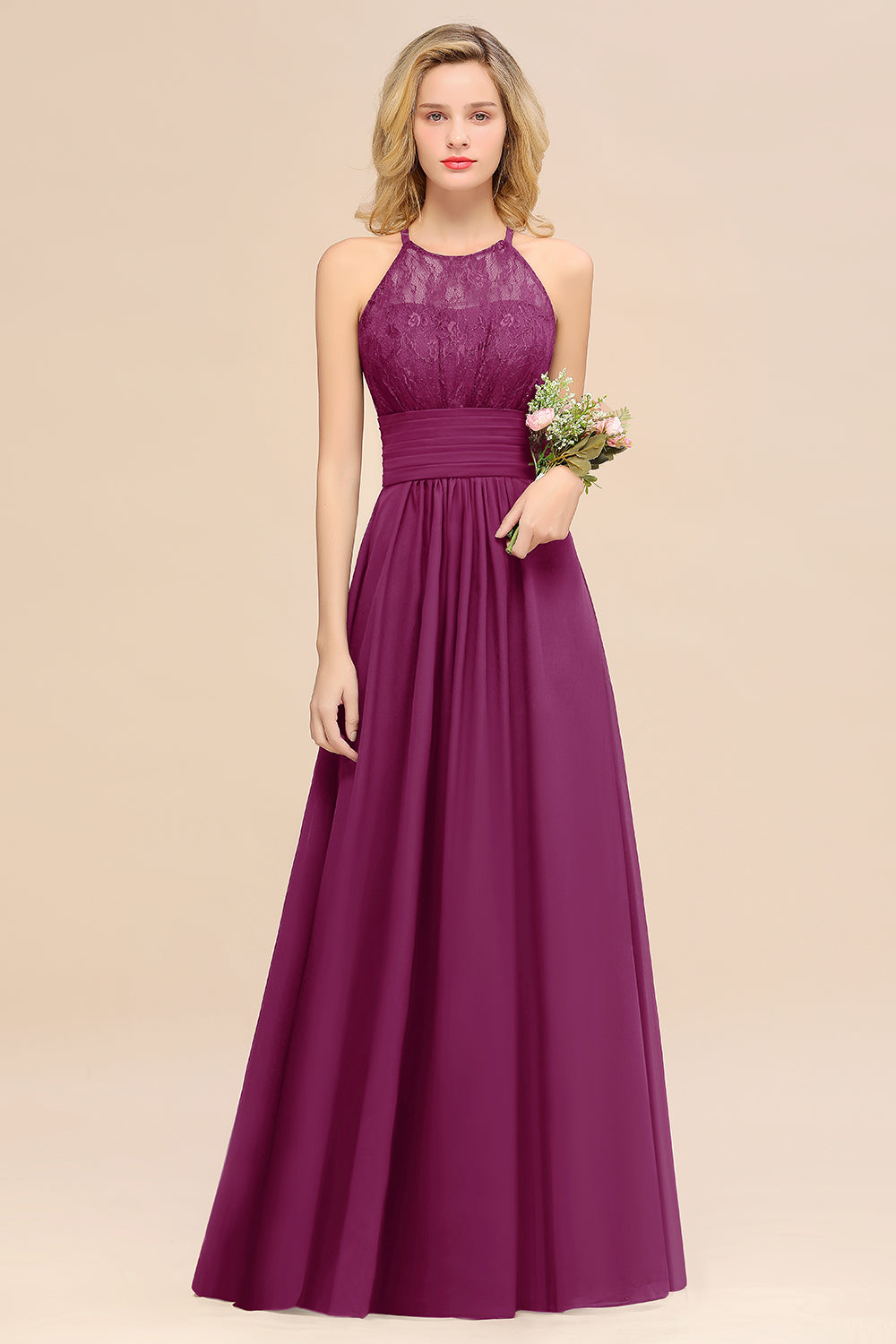 Elegant Halter Ruffles Sleeveless Grape Lace Bridesmaid Dresses Affordable-27dress