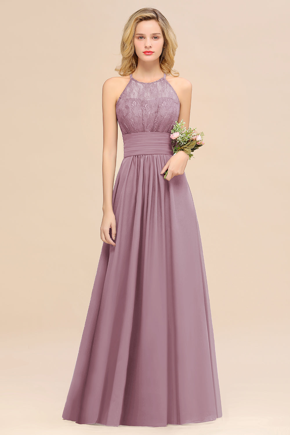 Elegant Halter Ruffles Sleeveless Grape Lace Bridesmaid Dresses Affordable-27dress
