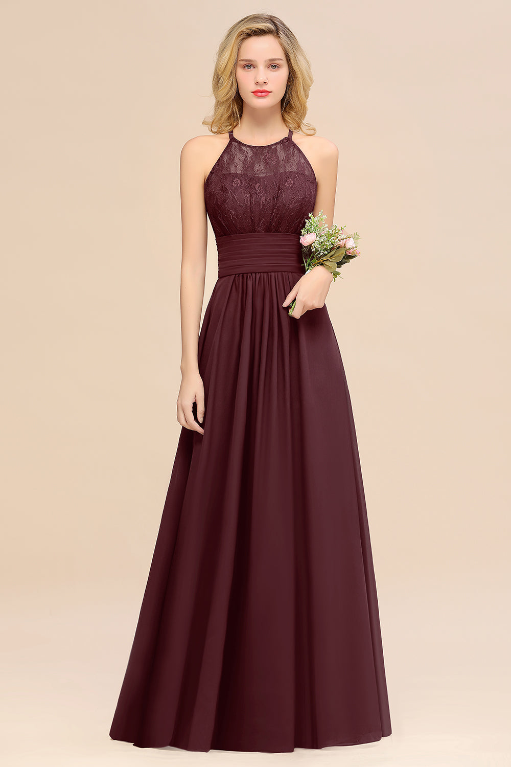 Elegant Halter Ruffles Sleeveless Grape Lace Bridesmaid Dresses Affordable-27dress