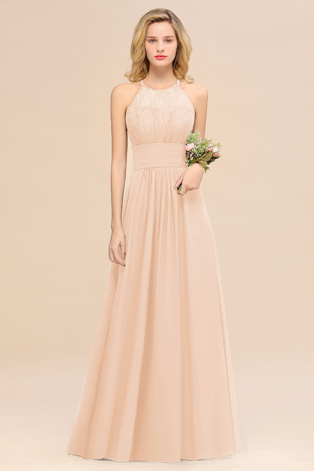 Elegant Halter Ruffles Sleeveless Grape Lace Bridesmaid Dresses Affordable-27dress