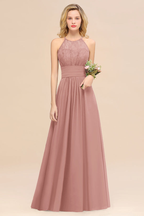 Elegant Halter Ruffles Sleeveless Grape Lace Bridesmaid Dresses Affordable-27dress