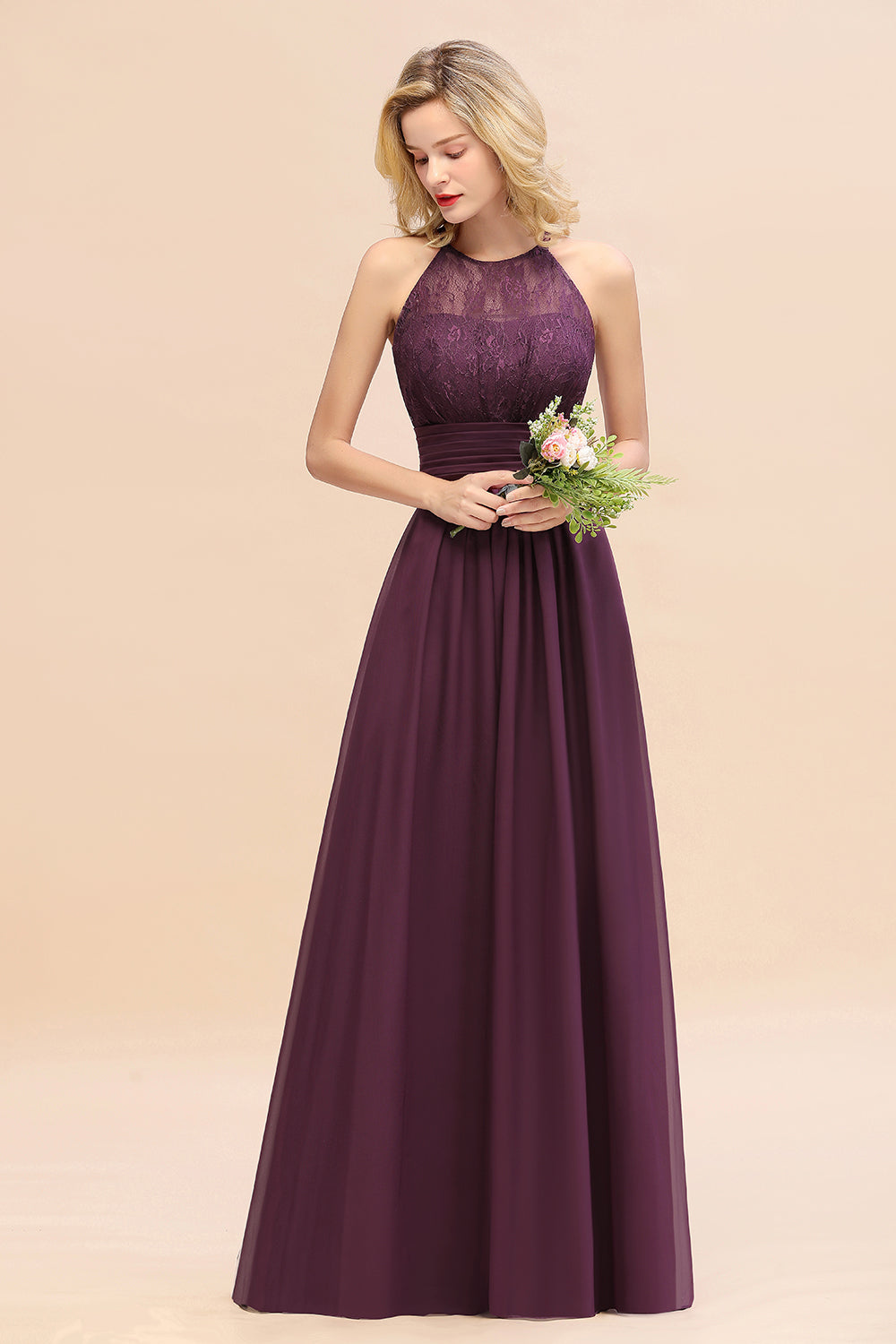 Elegant Halter Ruffles Sleeveless Grape Lace Bridesmaid Dresses Affordable-27dress