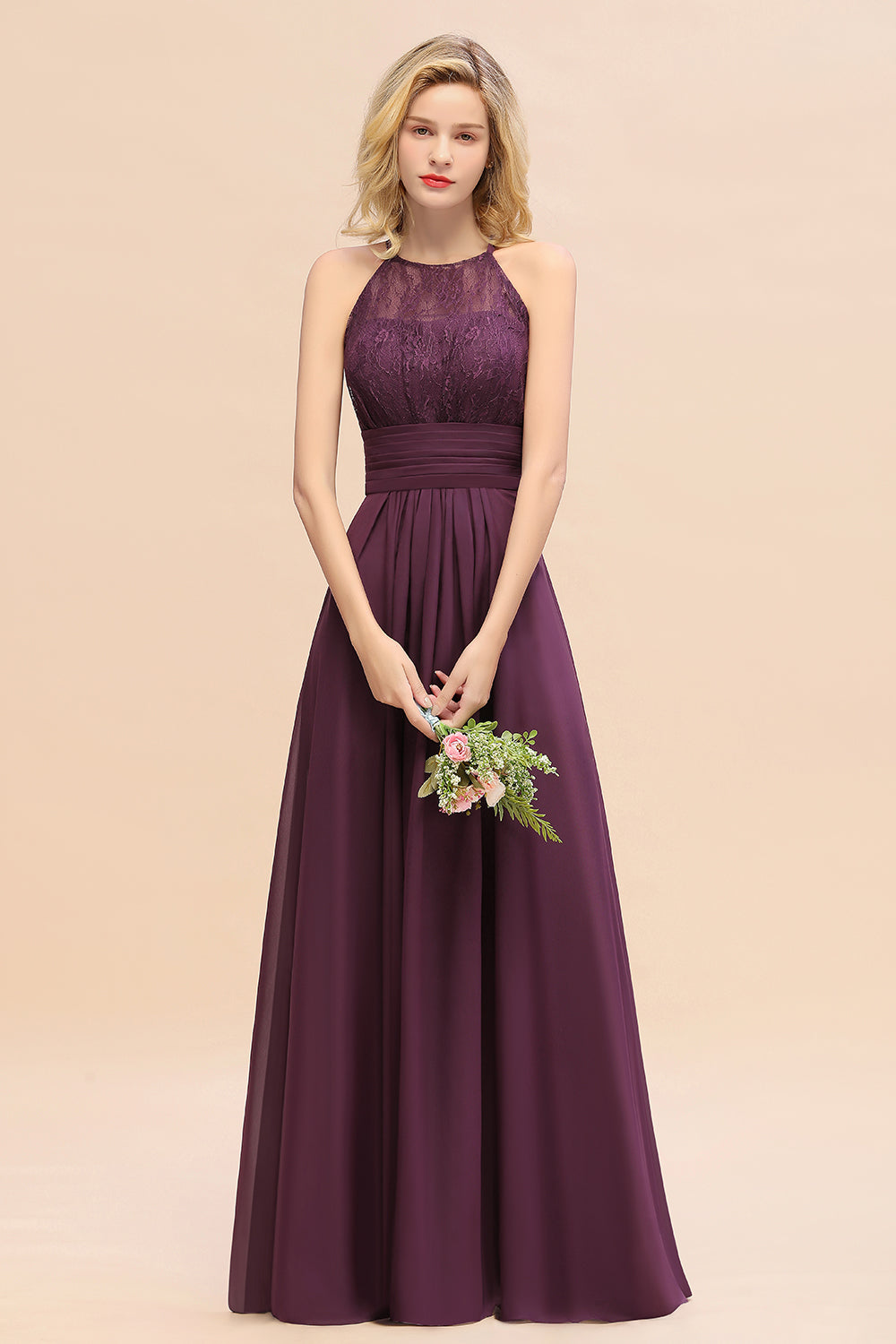 Elegant Halter Ruffles Sleeveless Grape Lace Bridesmaid Dresses Affordable-27dress