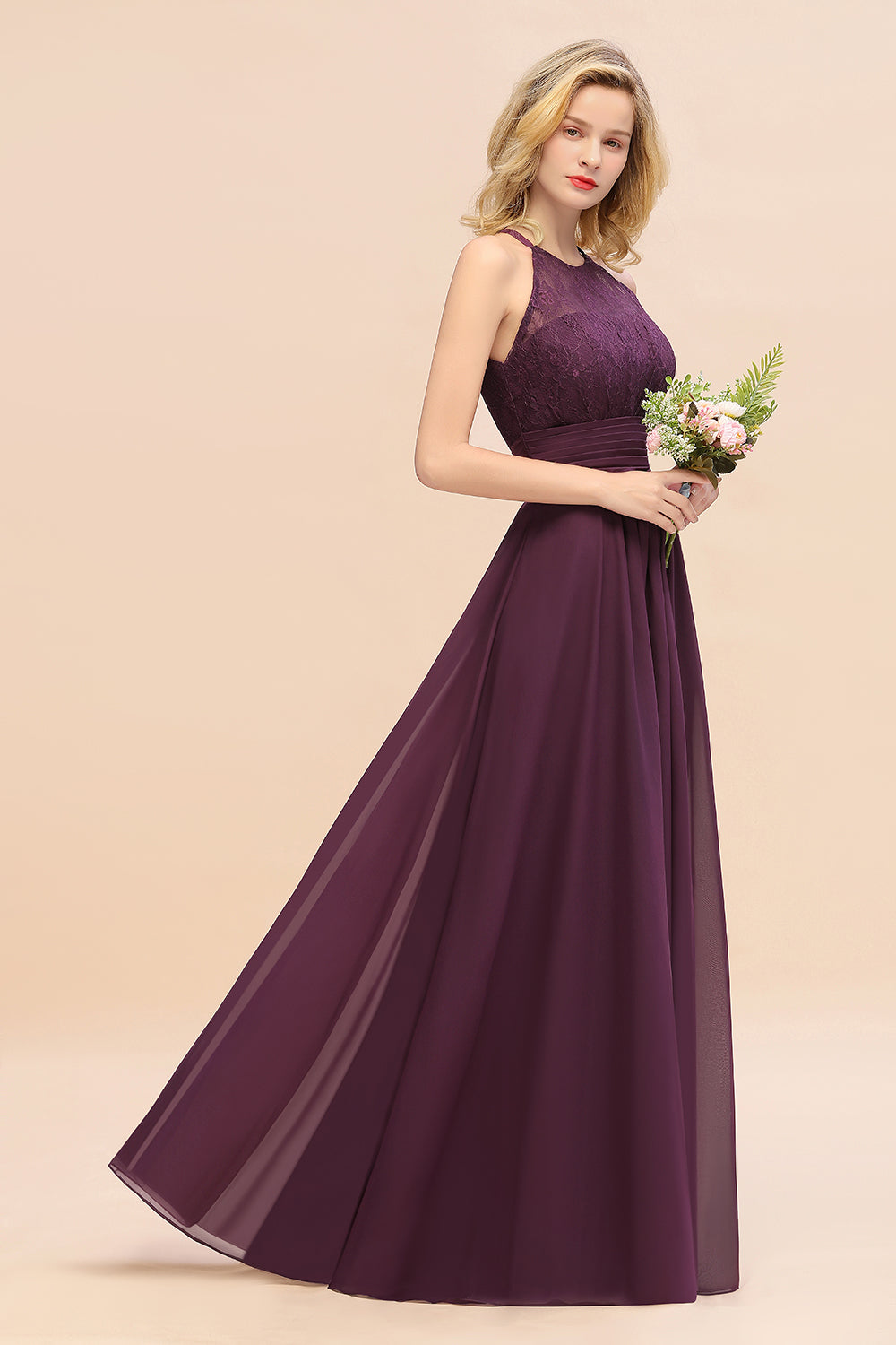Elegant Halter Ruffles Sleeveless Grape Lace Bridesmaid Dresses Affordable-27dress