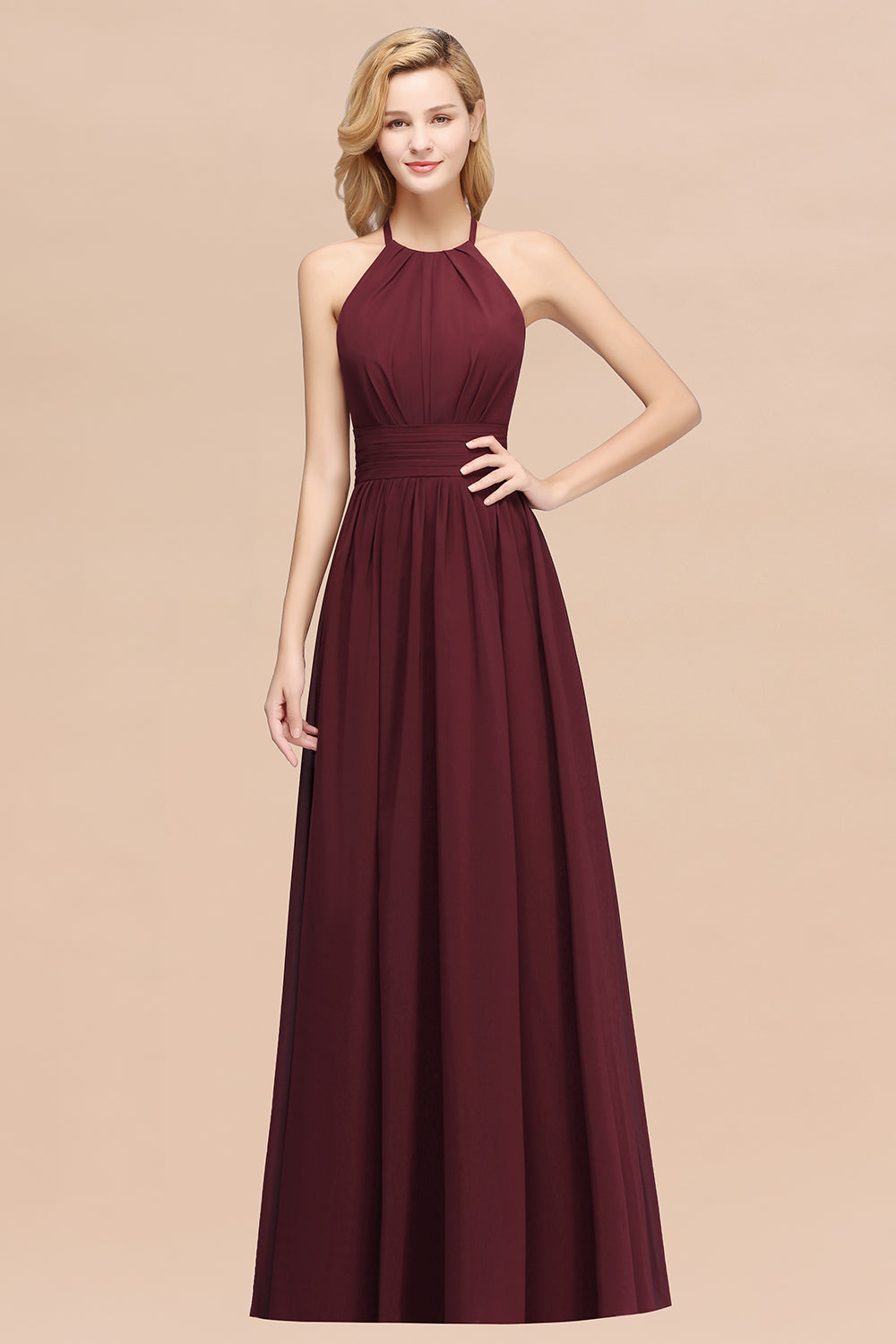 Elegant High-Neck Halter Long Affordable Bridesmaid Dresses with Ruffles-27dress