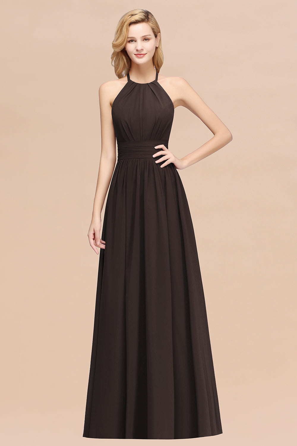 Elegant High-Neck Halter Long Affordable Bridesmaid Dresses with Ruffles-27dress
