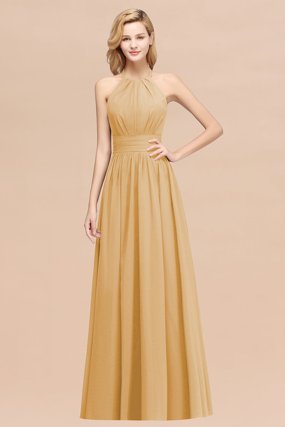 Elegant High-Neck Halter Long Affordable Bridesmaid Dresses with Ruffles-27dress