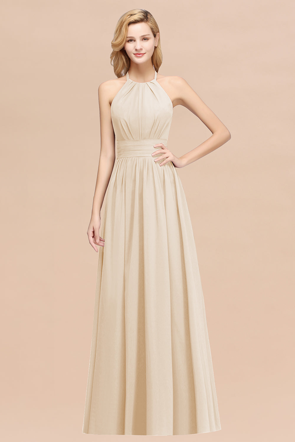 Elegant High-Neck Halter Long Affordable Bridesmaid Dresses with Ruffles-27dress