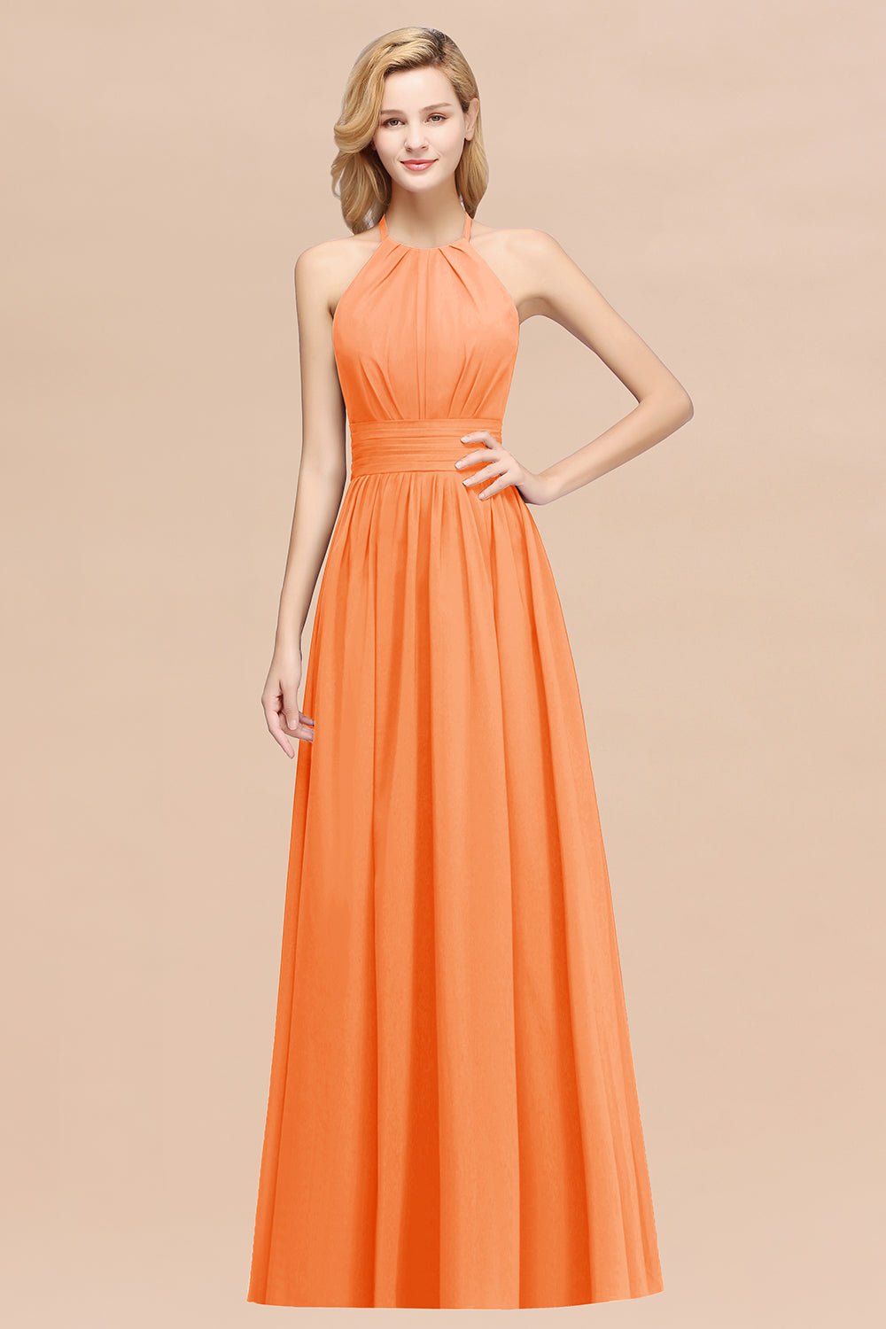 Elegant High-Neck Halter Long Affordable Bridesmaid Dresses with Ruffles-27dress