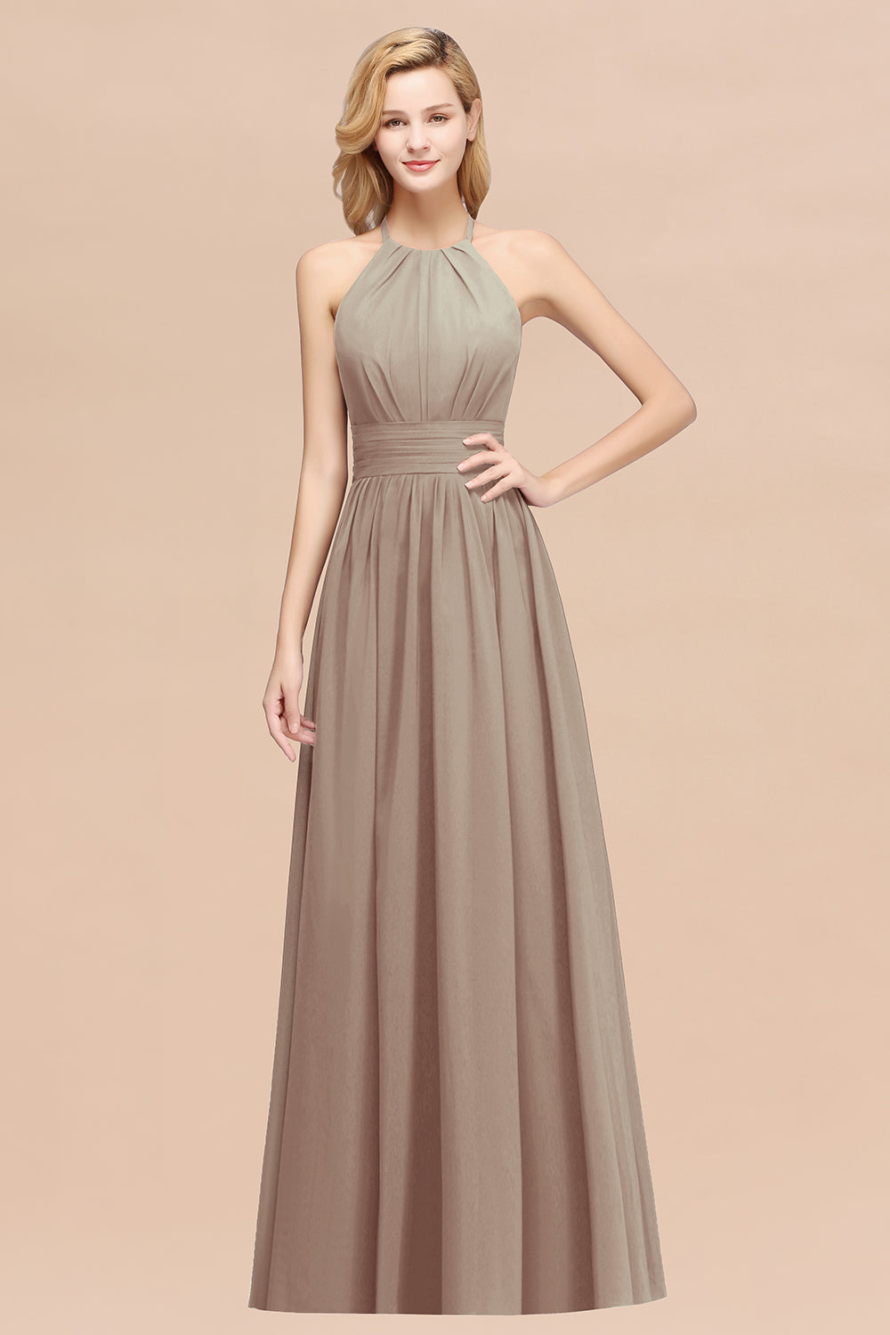 Elegant High-Neck Halter Long Affordable Bridesmaid Dresses with Ruffles-27dress