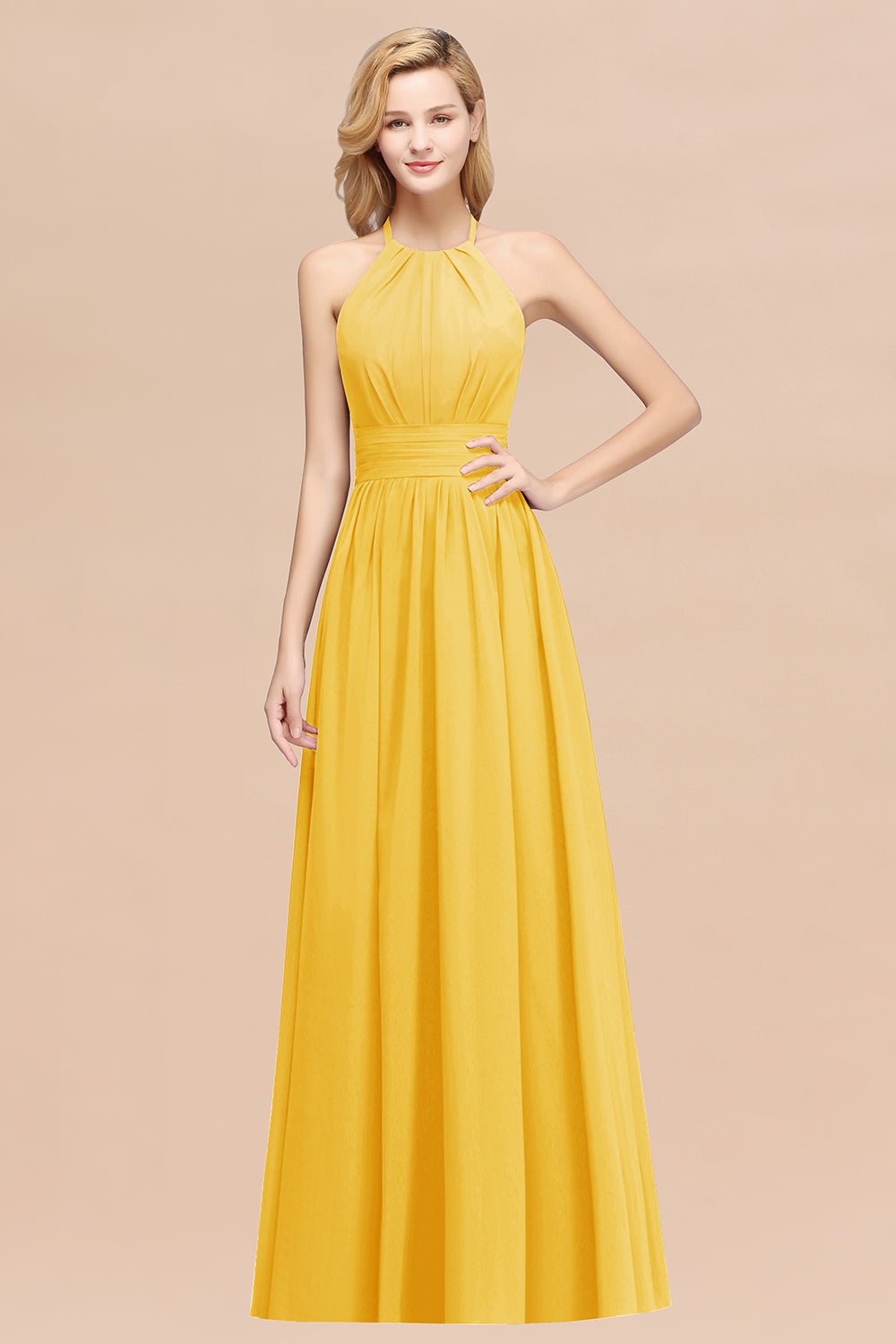 Elegant High-Neck Halter Long Affordable Bridesmaid Dresses with Ruffles-27dress